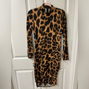 Leopard Print Bodycon Dress Size L – Long Sleeve Mock Neck